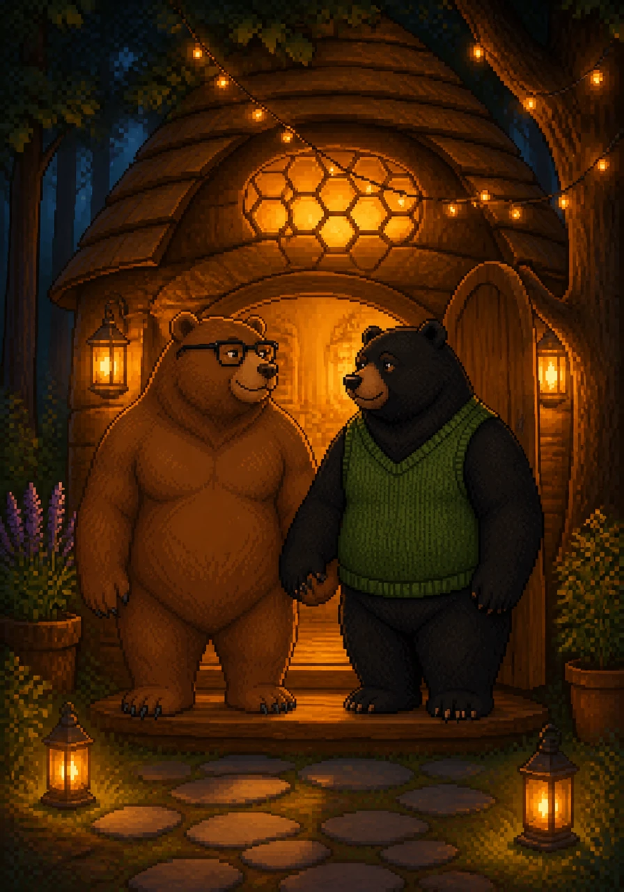 The Honeycomb Nook glows like a beacon of warmth in the quiet forest as Barnaby and Silas stand together in the doorway. With a shared look of deep affection and a squeeze of the hand, they look forward to a lifetime of new chapters written together.