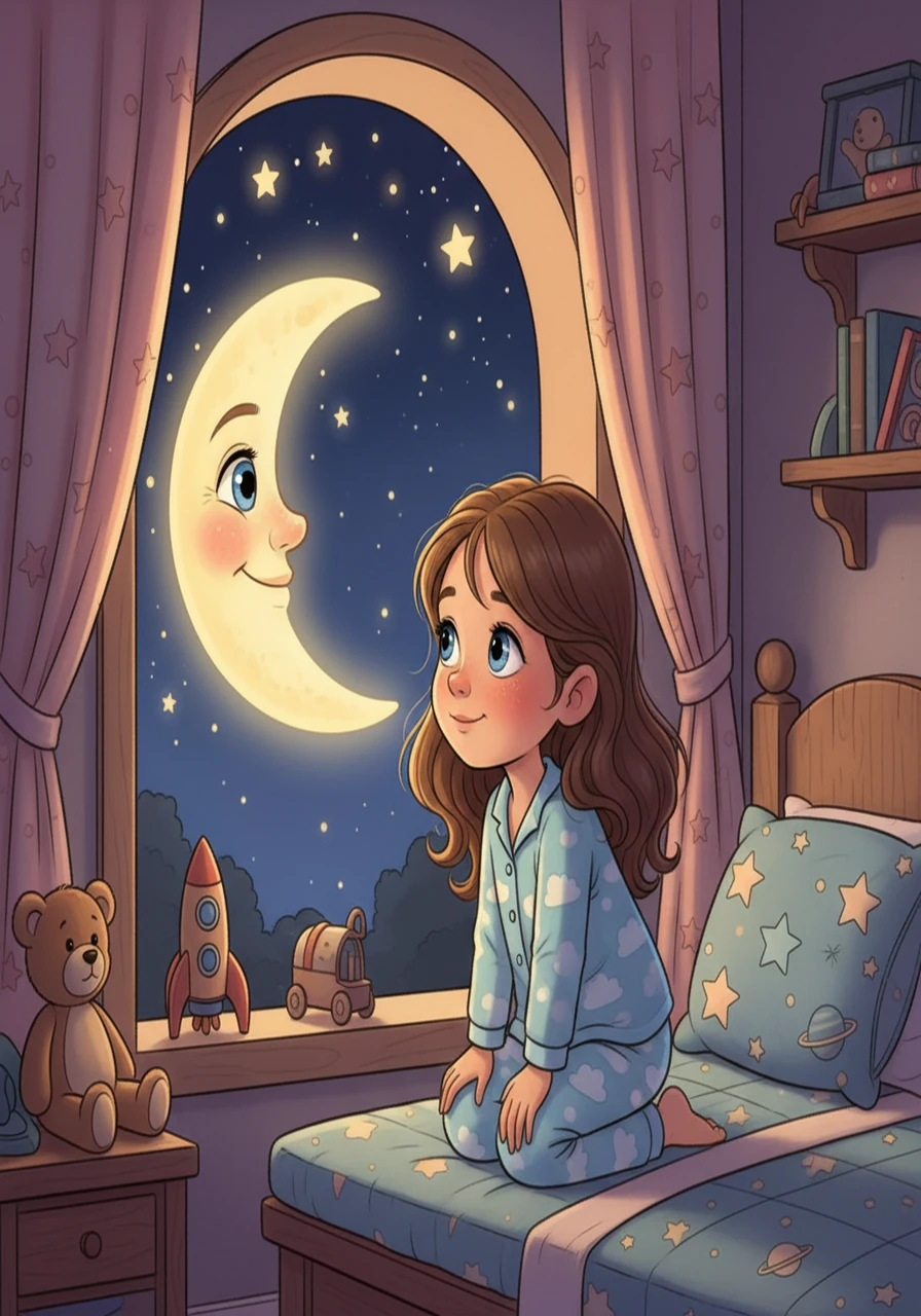 Luna, a little girl with eyes as bright as stars, couldn't sleep. Every night, she'd gaze out her window, wishing for a friend to play with. One night, the Moon, a friendly face in the sky, seemed to wink at her.