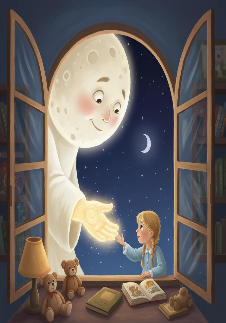 The Moon, in the form of a gentle giant, floated down to Luna's window. He offered a warm, inviting smile and extended a hand made of shimmering light. Luna, without hesitation, reached out and took it.