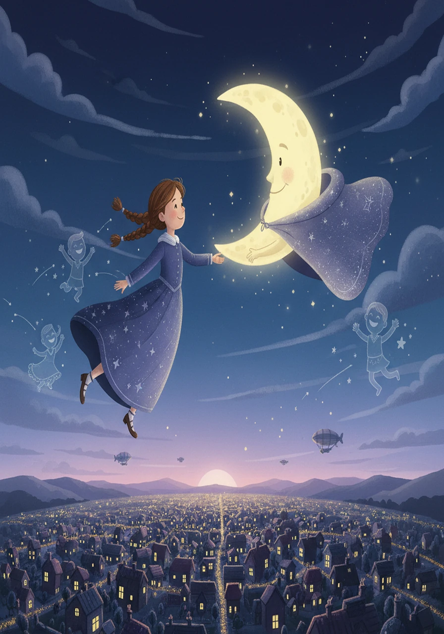 Hand in hand, Luna and the Moon soared into the night. They flew over sleeping houses and twinkling city lights, the world a beautiful tapestry beneath them. The Moon explained, 'I come down to play with children who cannot sleep.'
