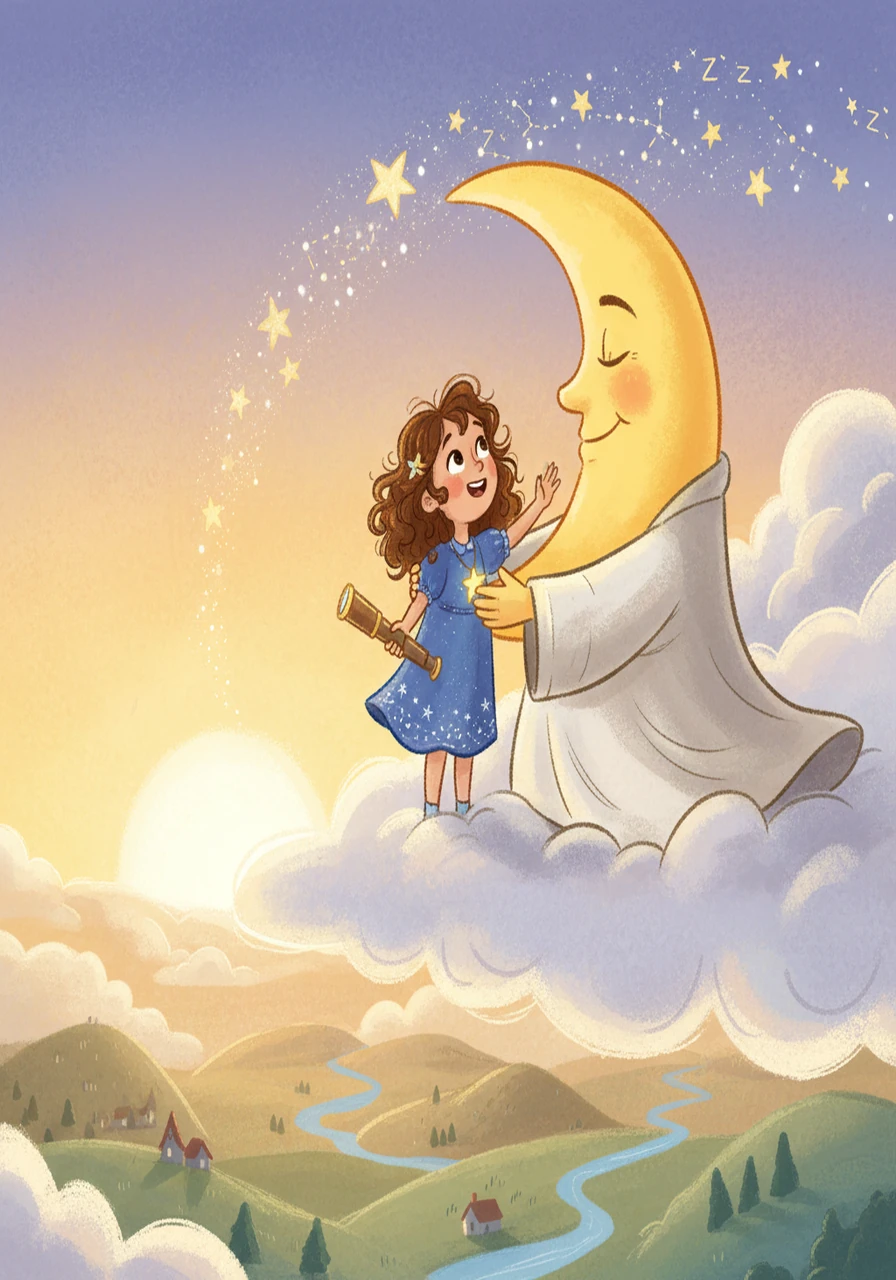 As the first rays of dawn touched the horizon, it was time for the Moon to return to the sky. He gave Luna a gentle hug and whispered, 'Remember to always look up, and your dreams will always be near.' Luna knew their adventures would continue every night.