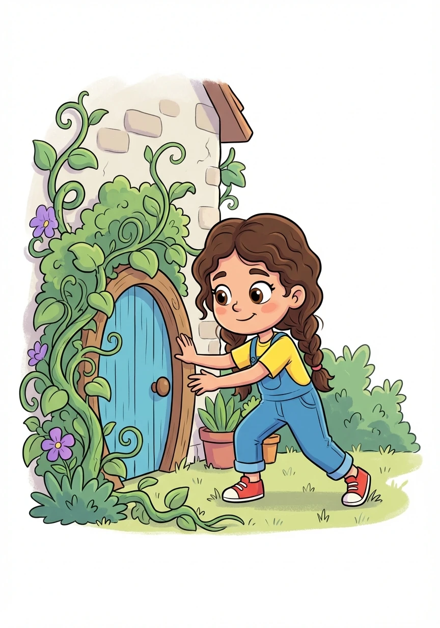 Un día, mientras jugaba cerca de su casa, Sofía notó una pequeña puerta escondida detrás de unas enredaderas. Sintió una fuerte curiosidad y decidió abrirla, sin saber qué le esperaba al otro lado.