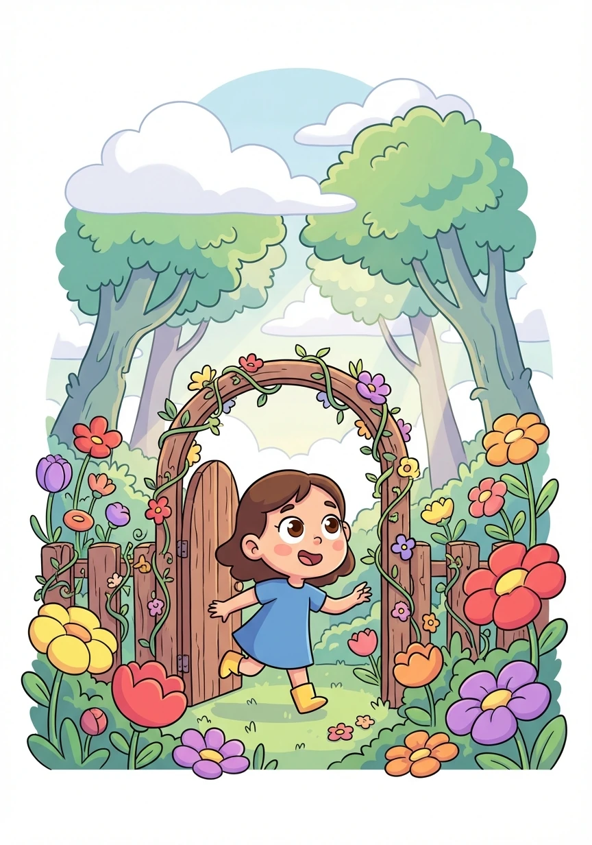 Al cruzar la puerta, Sofía se encontró en un jardín secreto, lleno de flores de colores brillantes y árboles altos que parecían tocar el cielo. Era un lugar mágico y misterioso.