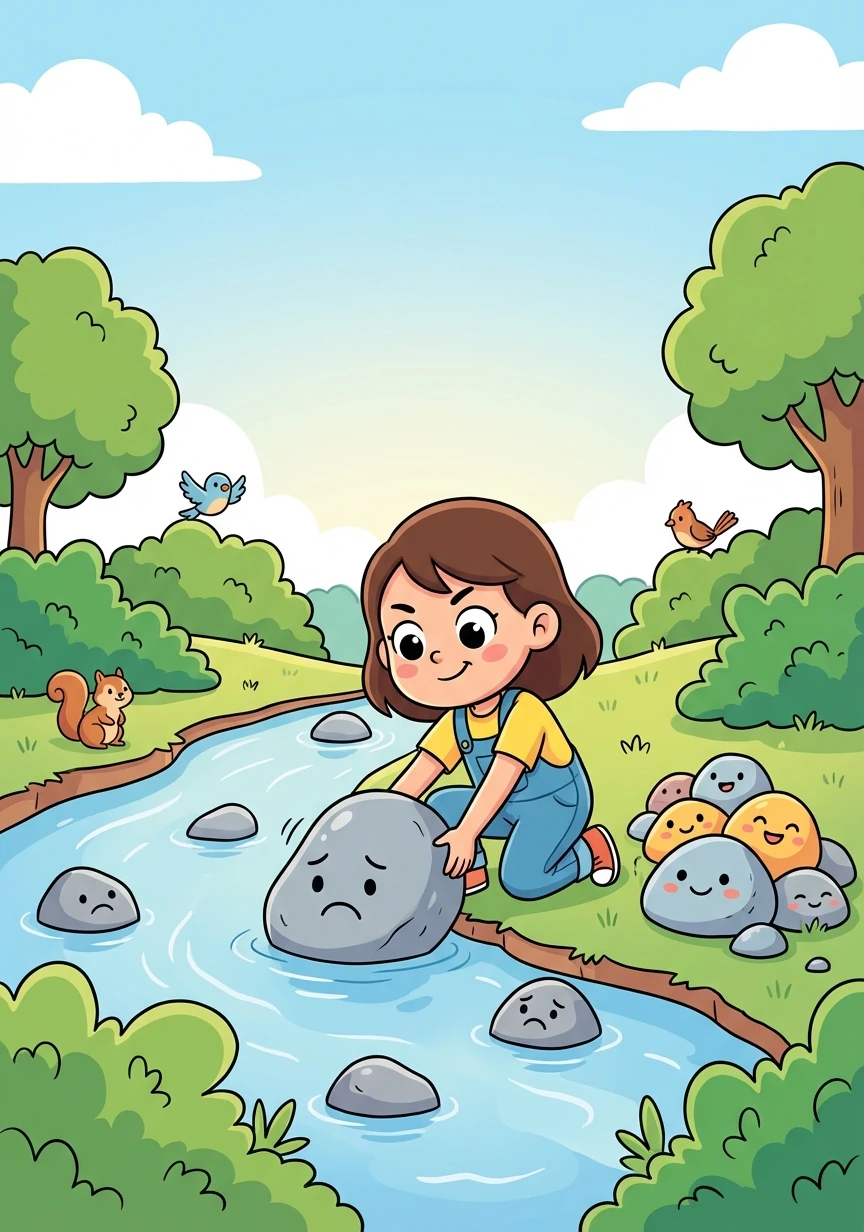 Luego, Sofía se encontró con un arroyo que necesitaba ser limpiado de piedras de tristeza para volver a cantar. Con mucho esfuerzo y paciencia, Sofía logró ambas tareas.