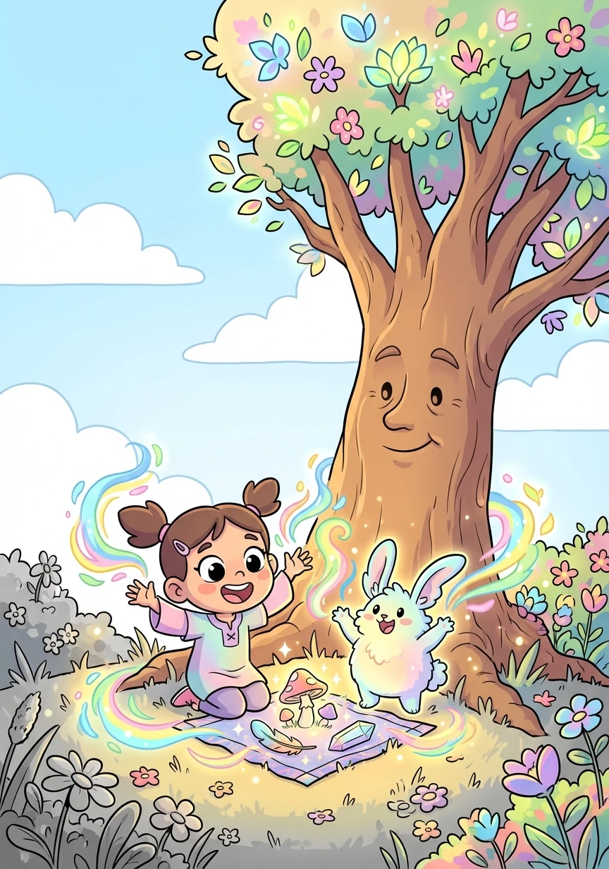 Con todos los ingredientes reunidos, Sofía y Pip regresaron al árbol parlante. Juntos, realizaron un ritual mágico que devolvió la vida y el color al jardín secreto.