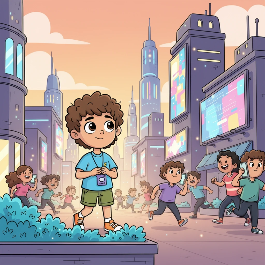 In the glowing city of Luma, where screens buzzed and people hurried, lived a boy named Rayan who loved silence. Buildings twinkled with digital light, and busy folks chatted quickly, but Rayan often sought quiet moments. He enjoyed the calm in a world full of constant noise and bright distractions.