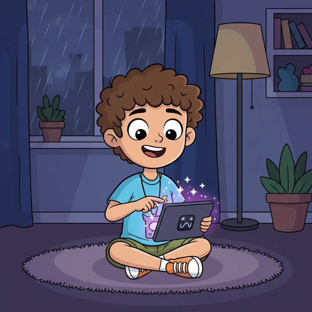 One rainy afternoon, Rayan found a shimmering new game on his tablet. Its dark, inviting glow promised a different kind of fun. A mysterious message popped up: "Welcome. Here, voices are unnecessary." Rayan smiled, finding the idea of a silent game appealing, and quickly immersed himself in pointing, flashing symbols, and winning level after level.