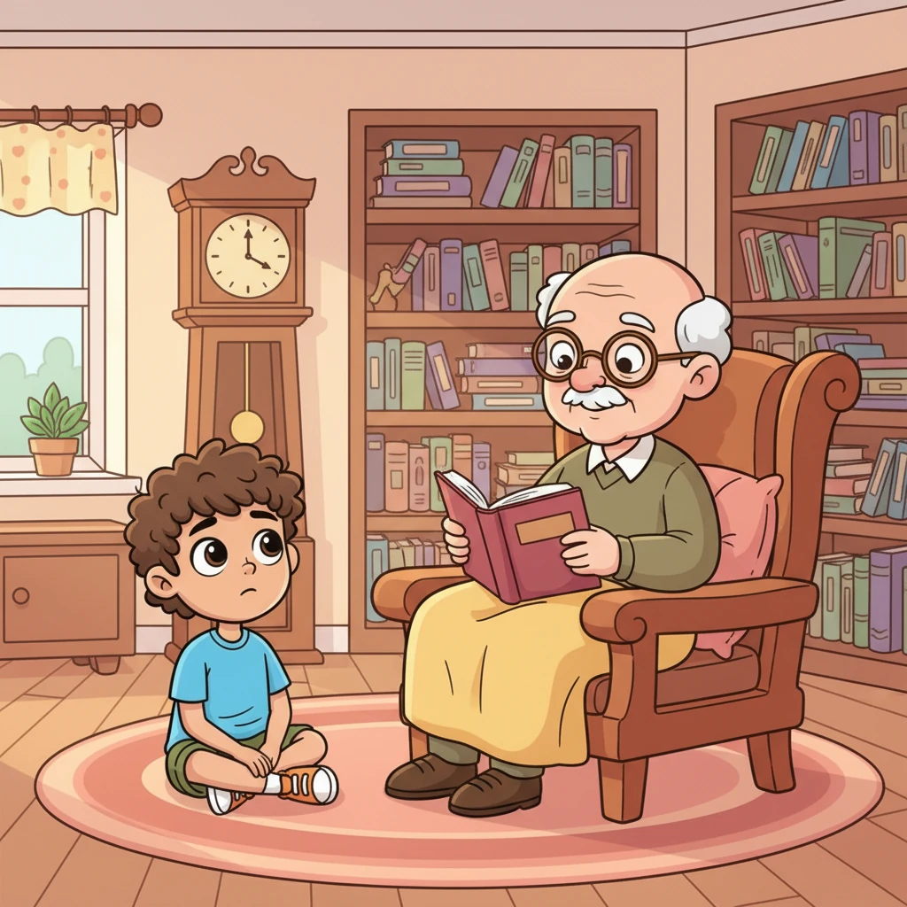 He found his way to his grandfather’s room, a haven without screens, filled instead with soft-covered books, a gently ticking clock, and a comfortable wooden chair. Rayan sat quietly on the rug. His grandfather looked up from his reading, noticing Rayan's unusual silence and the worry on his face. He nodded slowly, understanding the boy's unspoken distress.