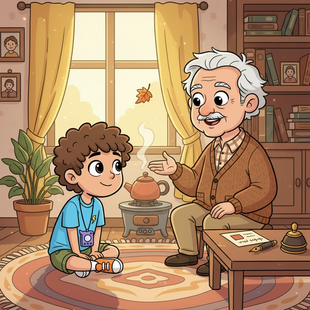 His grandfather began to speak, not of hurried city matters, but of slow, gentle things: the singing of a kettle, the rustle of a single leaf, the anticipation of a handwritten letter. Rayan listened intently, the fear slowly fading from his heart. He heard the rhythm in his grandfather's voice and realized the room's silence wasn't empty, but full of stories, memories, and peace.