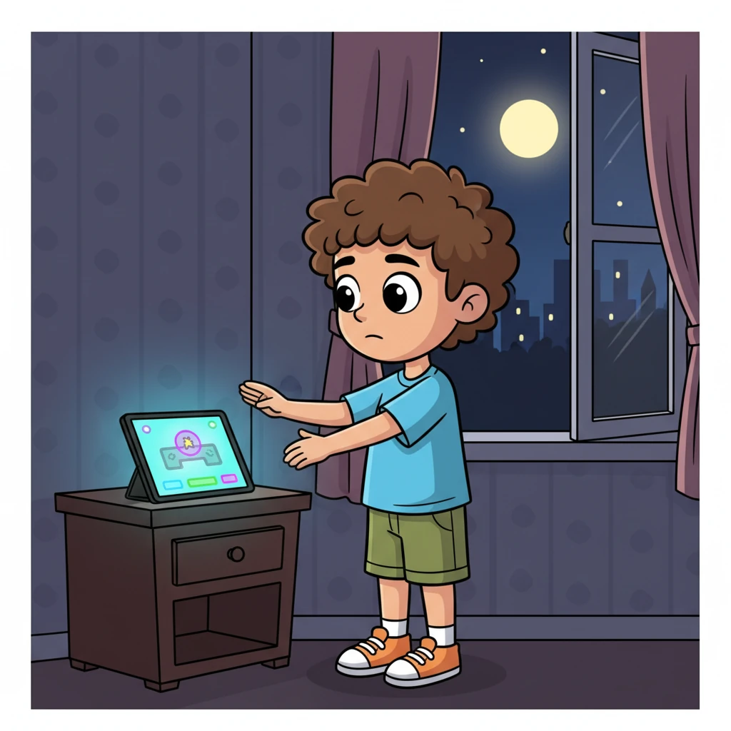 That night, the game on his nightstand pulsed with a familiar glow. "Come back," it seemed to whisper, "No voices. No waiting. Just win." Rayan looked at the tempting screen, remembering the hollow silence of the game versus the rich quiet of his grandfather's room. With a thoughtful expression, he reached out and firmly turned the tablet face down, then opened his window to the world outside.