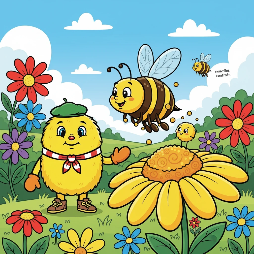 Un jour, une abeille joyeuse, nommée Zéphyr, arriva. Elle but du nectar sucré et, sans le savoir, prit quelques grains de pollen, dont Pollen. Zéphyr s'envola vers de nouvelles contrées.