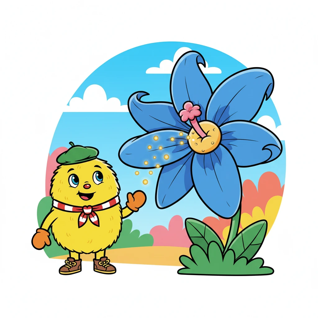 Zéphyr arriva près d'une Fleur Étoile, une fleur magnifique avec des pétales bleus. Pollen fut transporté vers le pistil de la fleur, l'organe femelle. C'était le début de la fécondation.