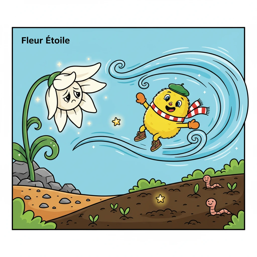 Le vent souffla fort, emportant la graine loin de la Fleur Étoile. Elle atterrit dans un sol fertile, prête à germer et à donner naissance à une nouvelle plante.