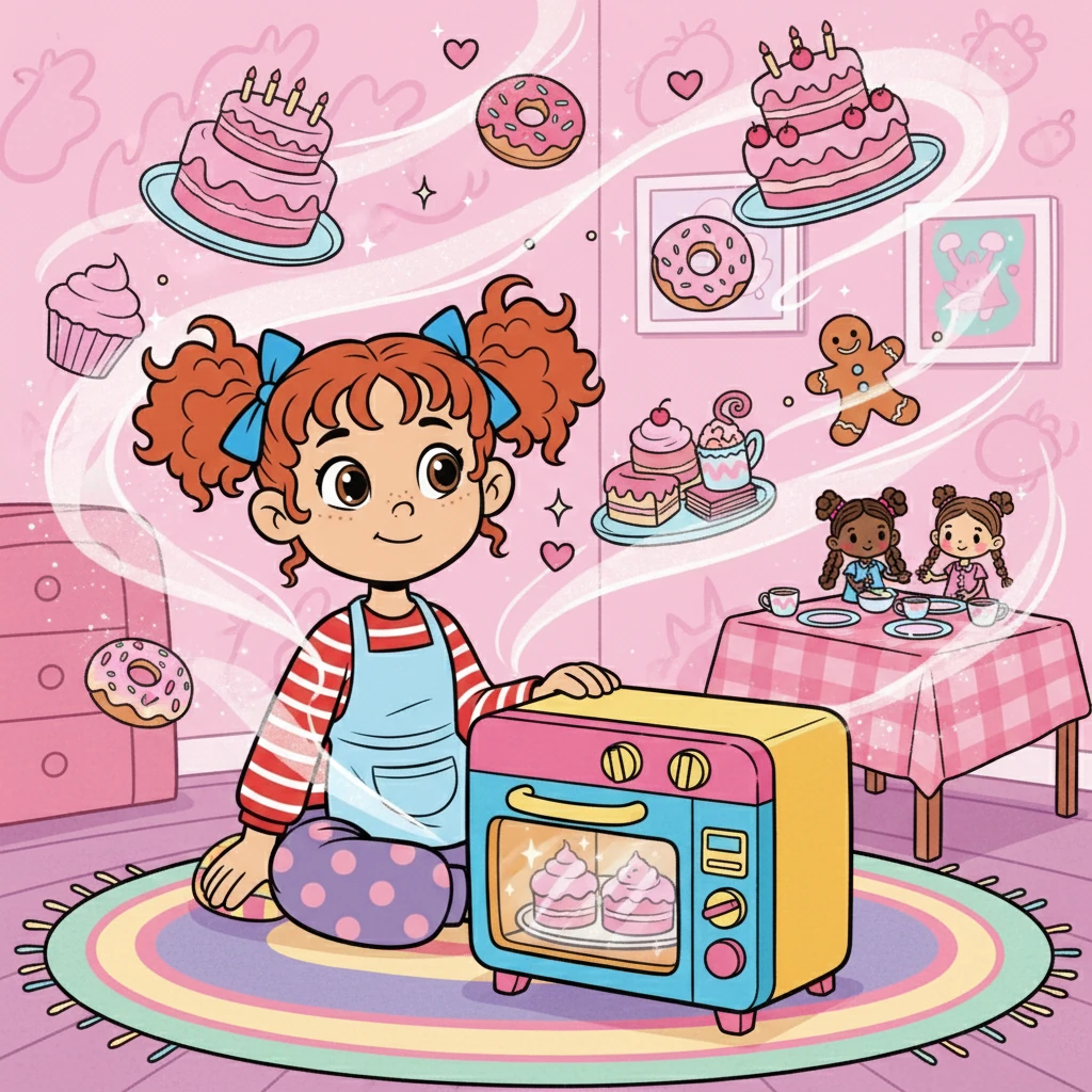 Maya, la petite dernière, est assise devant son four jouet, les yeux brillants. Elle rêve de gâteaux roses et de dîners de poupées. Son imagination est débordante, transformant sa chambre en une pâtisserie magique.