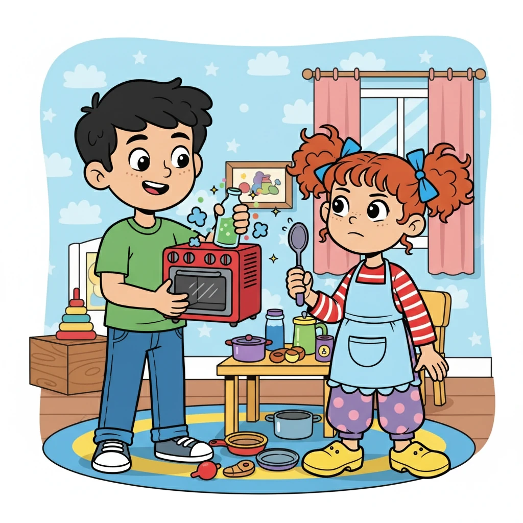 Sahil, son grand frère, entre dans la chambre avec un grand sourire malicieux. Il attrape le four jouet de Maya et fait semblant de préparer des potions bizarres. Maya le regarde, un peu contrariée, mais aussi amusée.