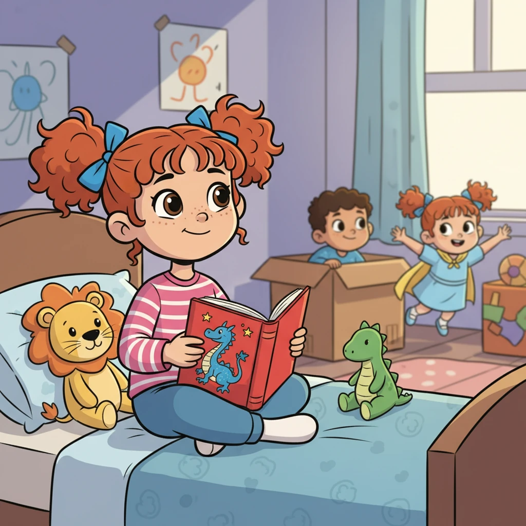 Diya, la sœur aînée, observe la scène, assise sur son lit avec un livre. Elle sourit doucement, comprenant les jeux de son frère et l'imagination débordante de sa sœur. Elle aime observer les dynamiques familiales.