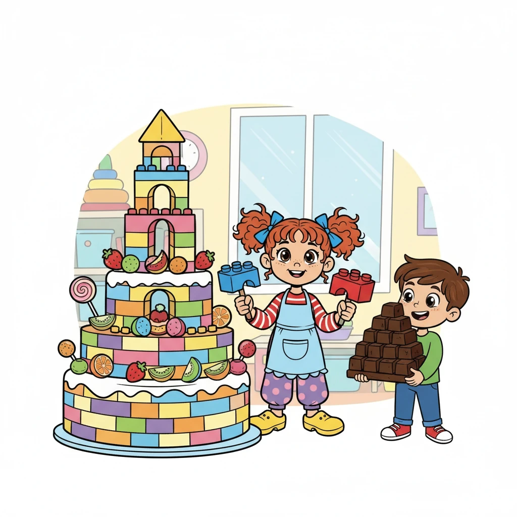 Maya imagine un immense gâteau d'anniversaire pour Barbie, décoré de bonbons et de fruits. Elle utilise des blocs de construction comme ingrédients. Sahil, soudainement intéressé, propose d'ajouter une montagne de chocolat.