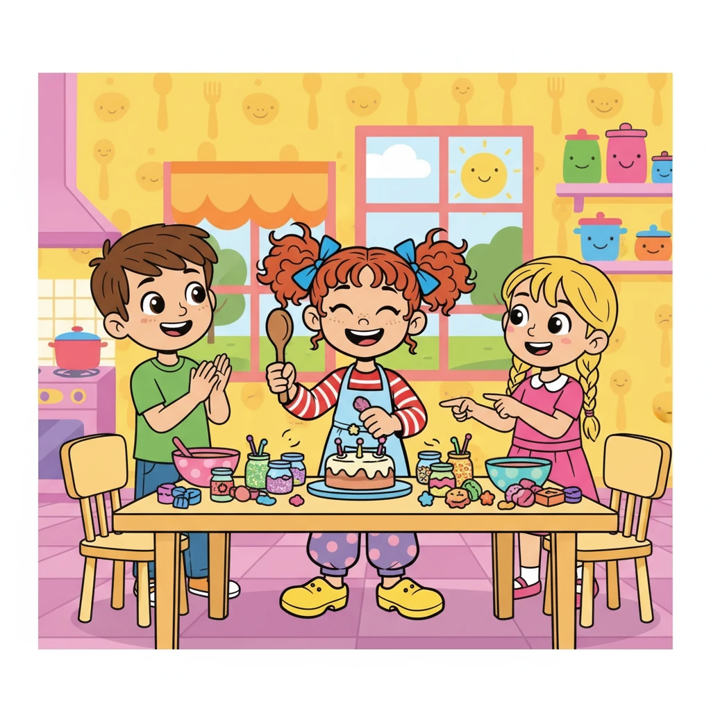 Sahil et Maya, maintenant complices, préparent le gâteau imaginaire. Diya, toujours attentive, décide de les rejoindre, proposant des idées de décoration. L'ambiance devient joyeuse et pleine de rires.