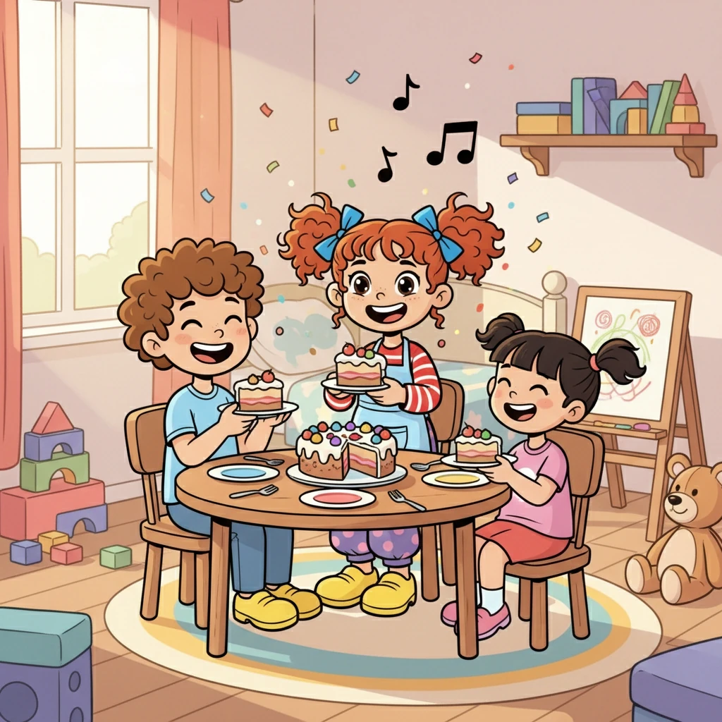 Finalement, le gâteau est prêt, et les trois enfants partagent un moment de bonheur. Maya se sent heureuse et aimée. La chambre, remplie de rires et de créativité, devient un lieu de partage et d'amitié.
