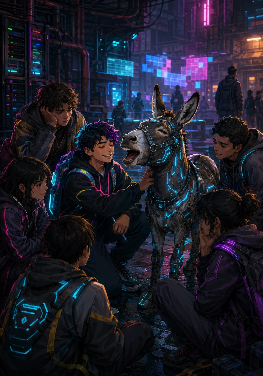 En una esquina del patio, Platero demuestra ser un excelente oyente mientras un grupo de chicos le cuenta sus dramas adolescentes y exámenes difíciles. El animal rebuzna suavemente en los momentos perfectos, pareciendo comprender cada palabra de frustración escolar.