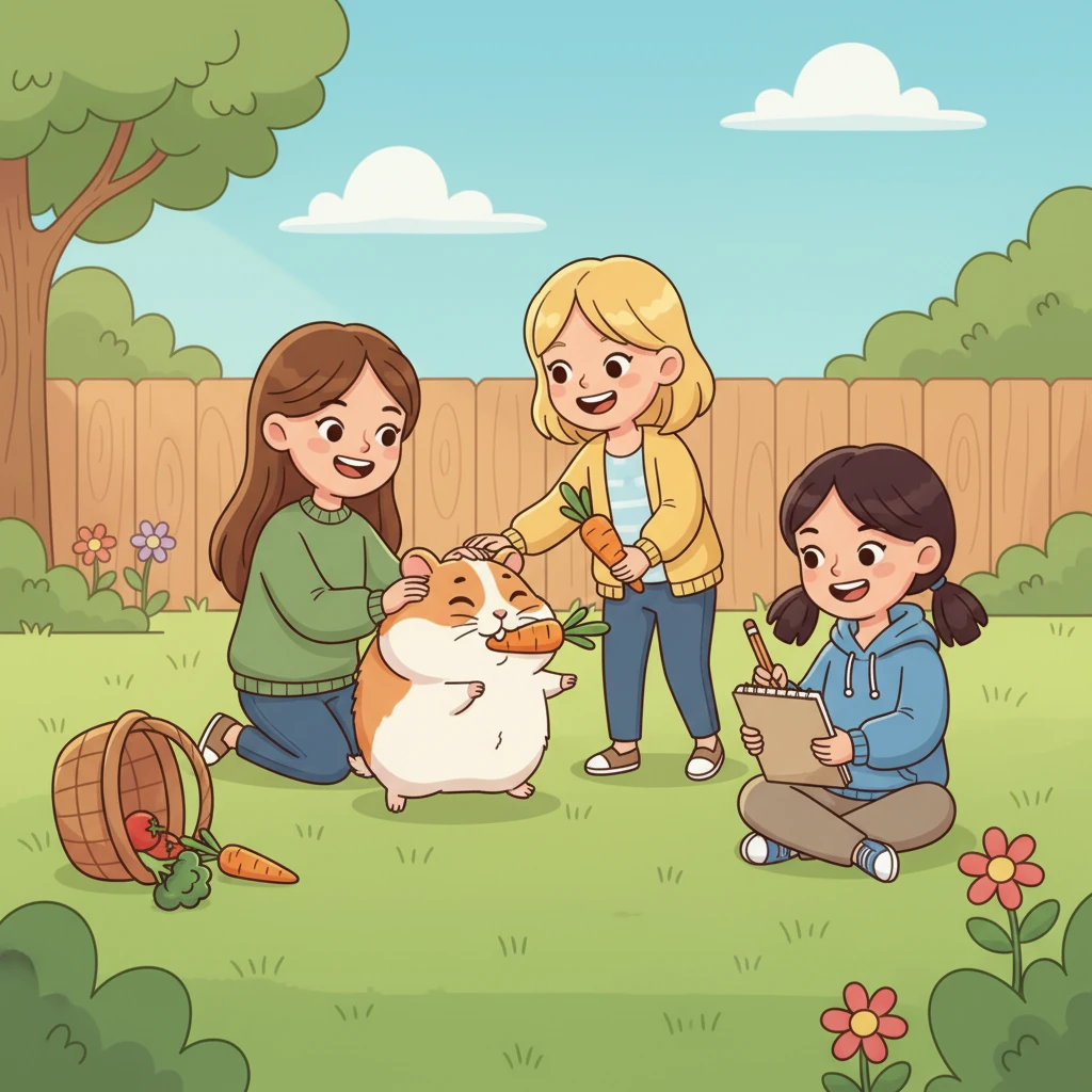 Ming-ming, now a little bigger, hops playfully around the sisters in a vibrant green backyard. Samantha gently pets his head, Sharon giggles as he nibbles a carrot, and Darlene sketches him in a notebook, capturing his lively spirit.