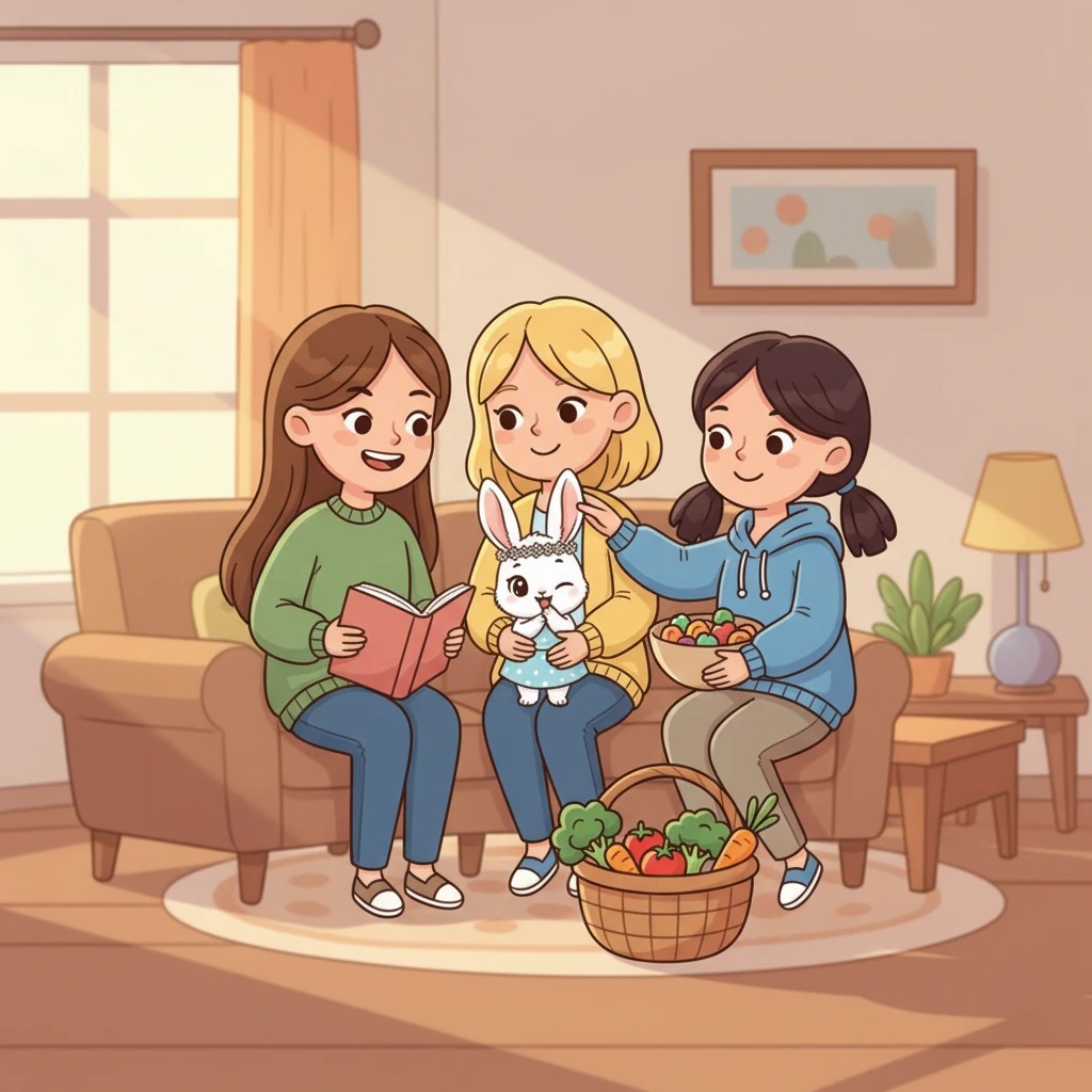 As Ming-ming grows, he becomes an integral part of the family. He sits comfortably on the sofa between Samantha and Sharon as they read, and Darlene shares her snacks with him, a picture of domestic bliss and shared affection.