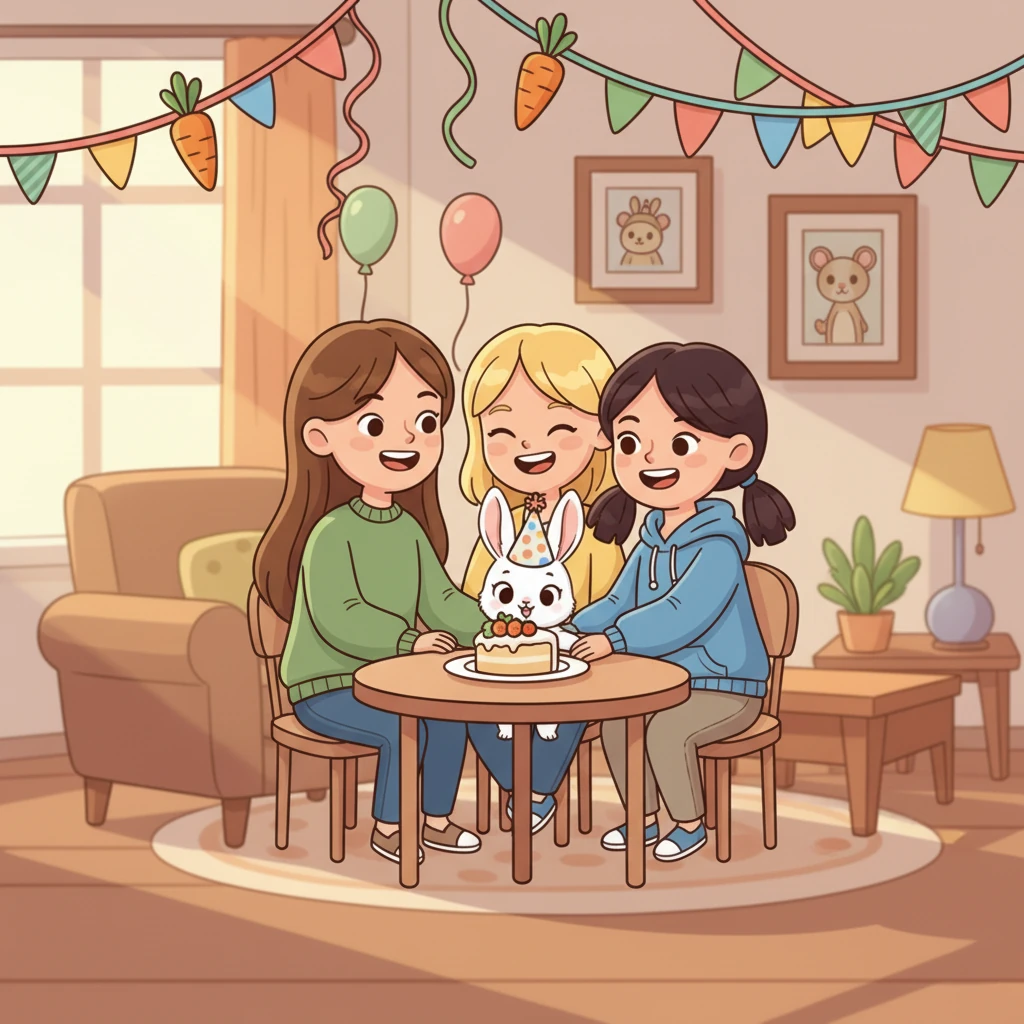 The sisters are seen celebrating Ming-ming's birthday with a small, rabbit-friendly cake and colorful decorations. Ming-ming, wearing a tiny party hat, looks content surrounded by his loving family.