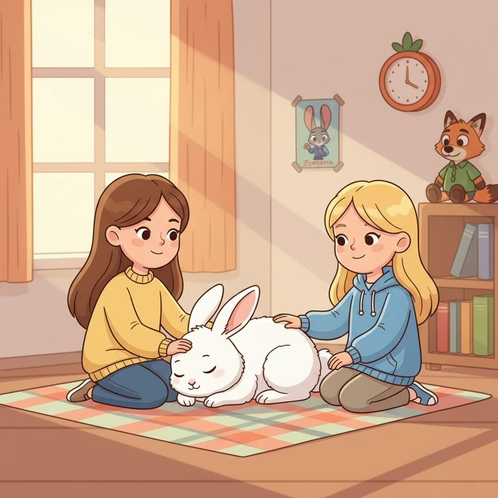 Years pass, and Ming-ming, now a mature rabbit, is seen napping peacefully in a sunbeam. The sisters, a little older themselves, watch him with gentle smiles, cherishing the quiet moments with their beloved pet.