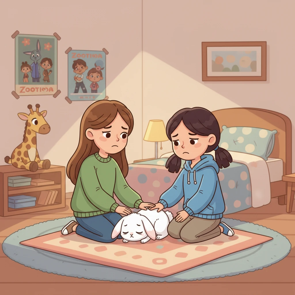 One day, Ming-ming appears weak and less active. The sisters gather around him, their faces filled with concern and sadness, gently stroking his fur as he rests on a soft blanket.