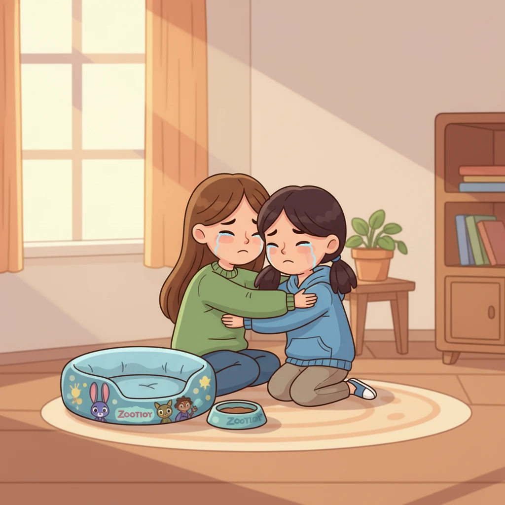 The sisters are heartbroken as they sit together, tears in their eyes, mourning Ming-ming's passing. A small, empty pet bed sits nearby, emphasizing the void he has left.