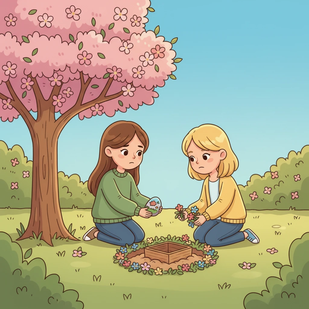 In a peaceful garden, the sisters bury Ming-ming under a beautiful flowering tree. They place a small, hand-painted stone with his name on it, a tender farewell to their dear friend.