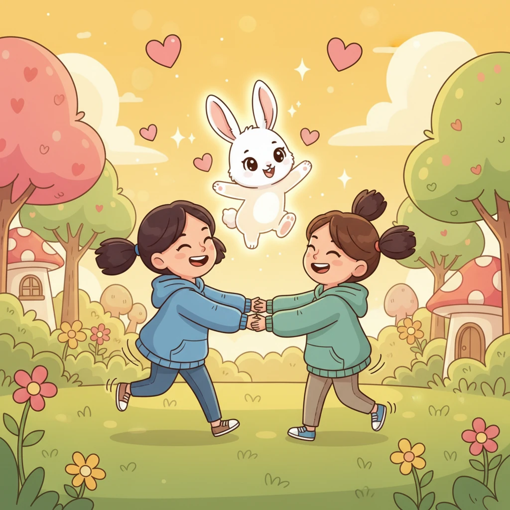 The final scene shows a vibrant, whimsical drawing of Ming-ming, healthy and happy, surrounded by glowing hearts. The sisters, young again, are depicted playfully interacting with him, symbolizing that his memory and love live on forever in their hearts.