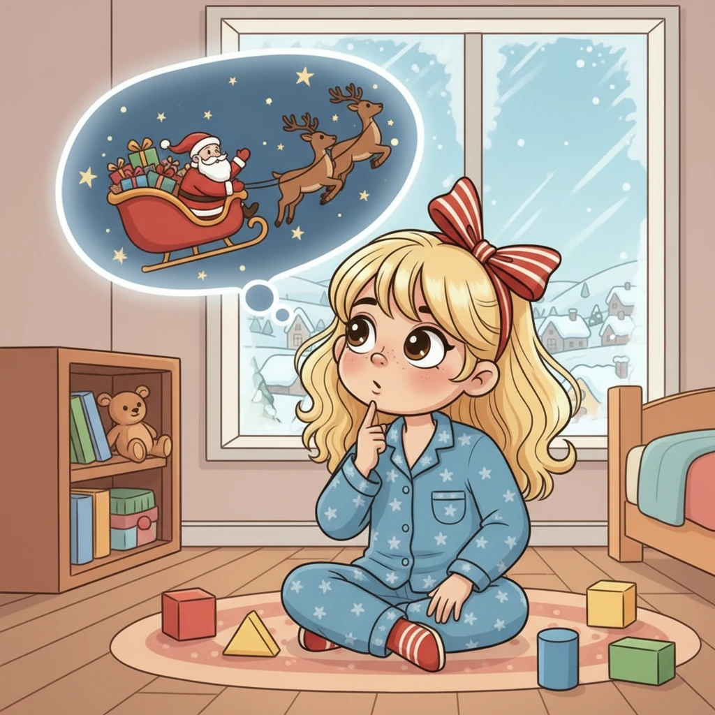 Na pierwszej stronie widnieje pytanie: "Kto saniami leci, prezenty dzieciom niesie, ma brodę białą i wesoły śmiech?". Zuzia zastanawia się głęboko, dotykając palcem obrazka w swojej wyobraźni, który podpowiada jej rozwiązanie.