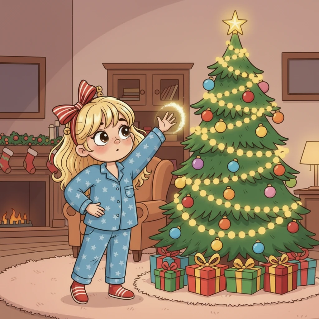 Przewraca stronę, a tam kolejna zagadka: "Zielone drzewko w domu stoi, bombkami i lampkami się stroi. Wokół niego wszyscy się gromadzą, śpiewają i prezenty znajdują.". Zuzia spogląda na dużą, pięknie udekorowaną choinkę w salonie, która mruga do niej światełkami.