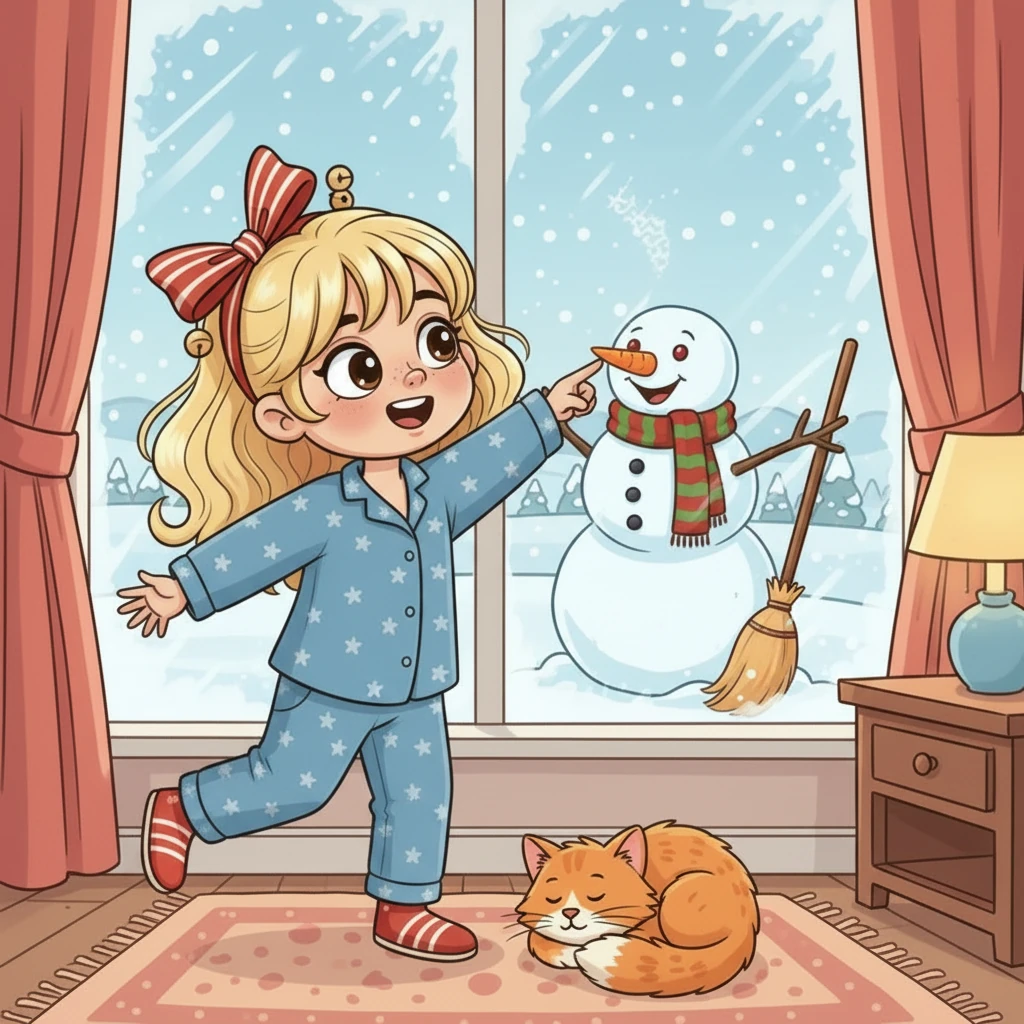 Dalej czyta: "Stoi na dworze, gdy śnieg pada, ma nosek z marchewki i miotłę w ręku. Kto to taki?". Zuzia podbiega do okna i widzi w ogrodzie wesołego bałwanka, który uśmiecha się do niej z podwórka.