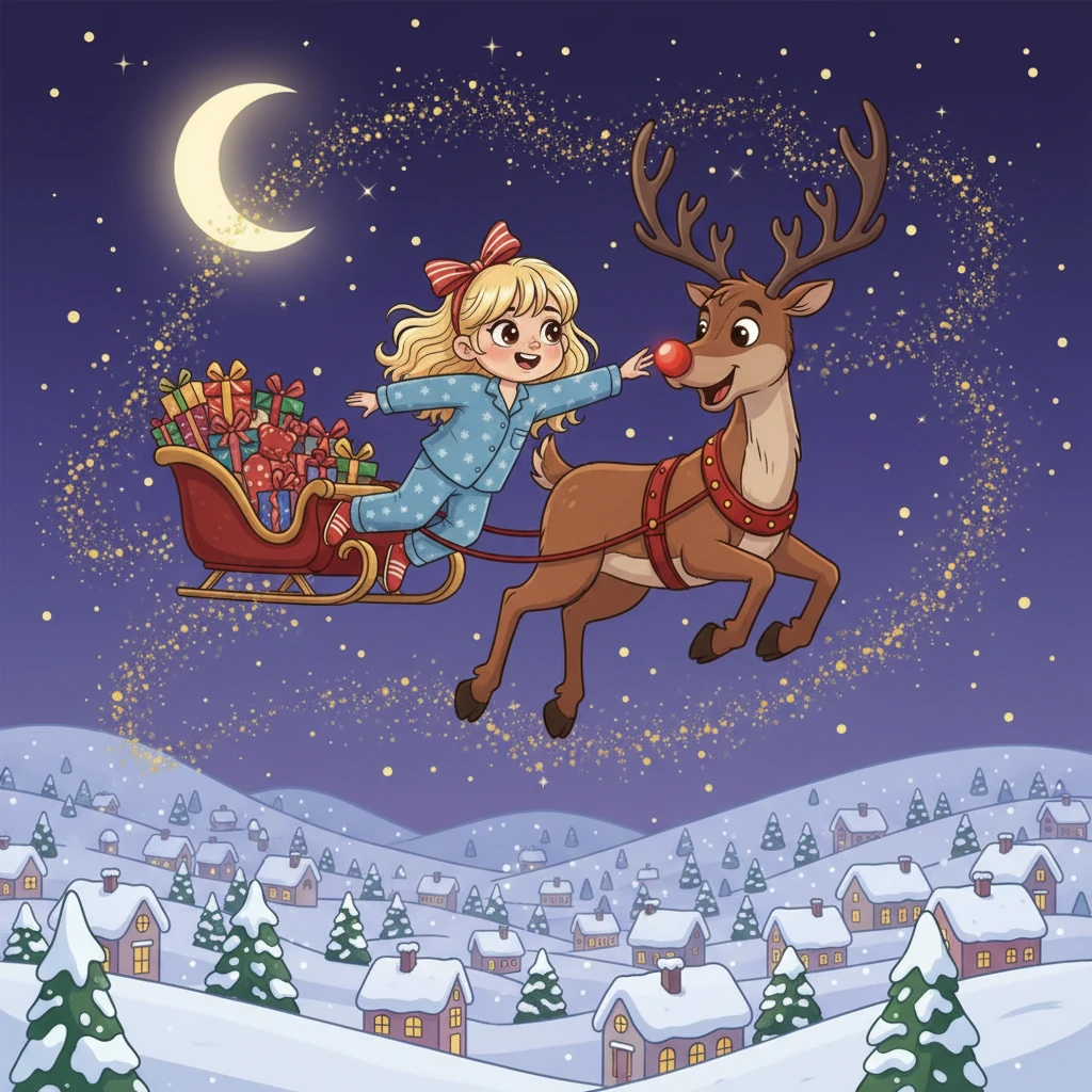 Następna strona pyta: "Ma poroże duże, sanie ciągnie z Mikołajem. Lubi marchewki i ma czerwony nos. Kto to?". Zuzia wyobraża sobie Rudolfa, który radośnie leci po niebie, ciągnąc sanie pełne podarunków.