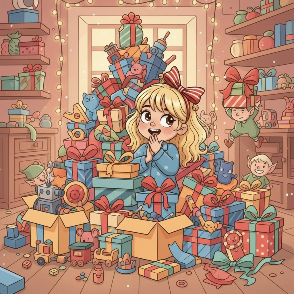 "W Mikołaja warsztacie pracuje, prezenty pakuje i się nie nudzi. Ma spiczaste uszy i wesoło psoci. Kto to?". Zuzia chichocze, myśląc o małych pomocnikach, którzy ukrywają się za górami zabawek i wstążek.