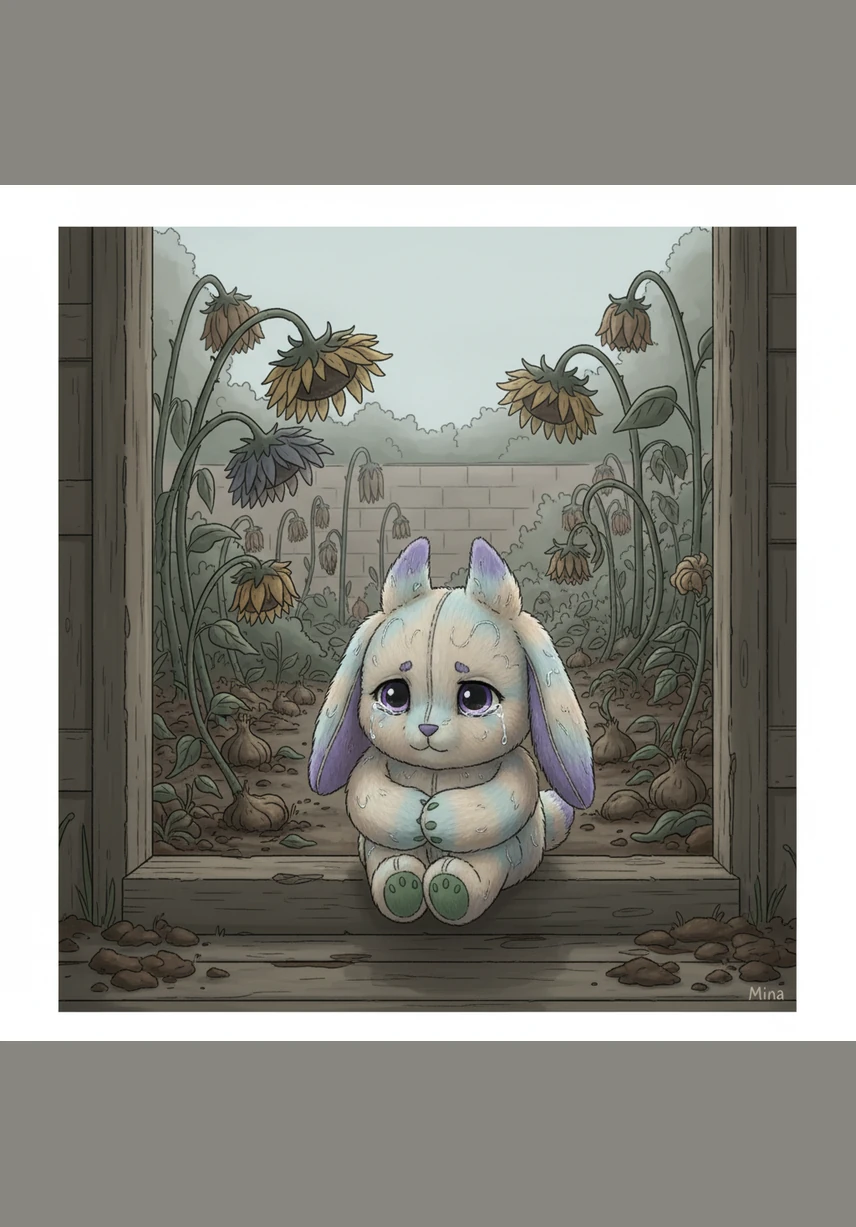 By the next morning, the garden looked like a tired, tangled mess of withered buds and drowning bulbs. Mina sat on the back step with her knees tucked to her chest, feeling the prickle of tears against her cheeks. She had tried so hard to bring beauty to the world, but she realized with a heavy heart that she had only caused harm.