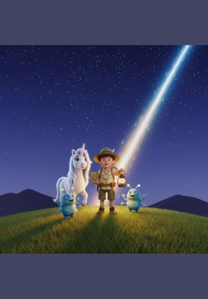 Sam stands atop a grassy hill under a vast canopy of twinkling stars, dreaming of the mysteries hidden in the night sky. A sudden, shimmering streak of light descends from the heavens, casting a magical glow over the landscape and signaling the start of an extraordinary journey.