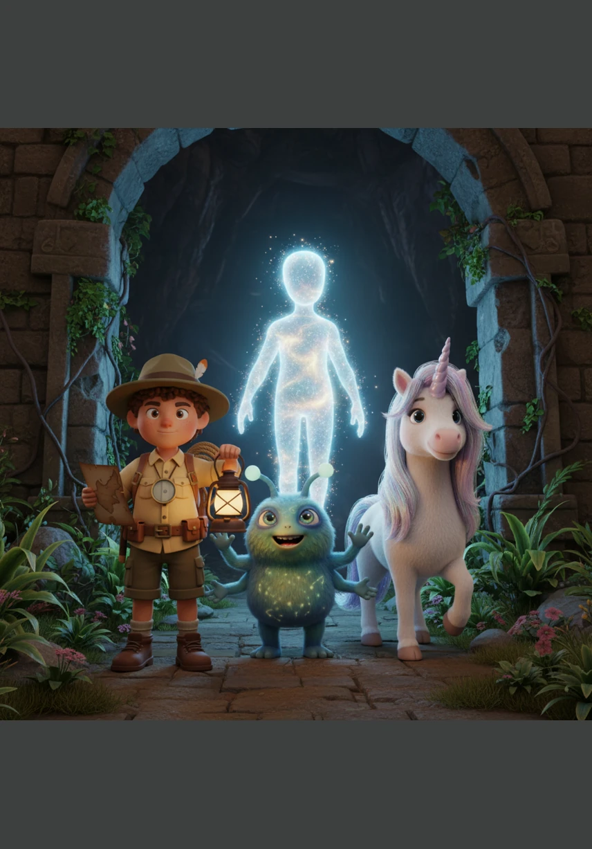 A gentle, whispering breeze carries the scent of stardust and leads Sam toward the edge of an ancient, glowing forest. As the trees part, majestic unicorns with manes that sparkle like nebulae emerge, their eyes filled with ancient wisdom and a silent plea for help.