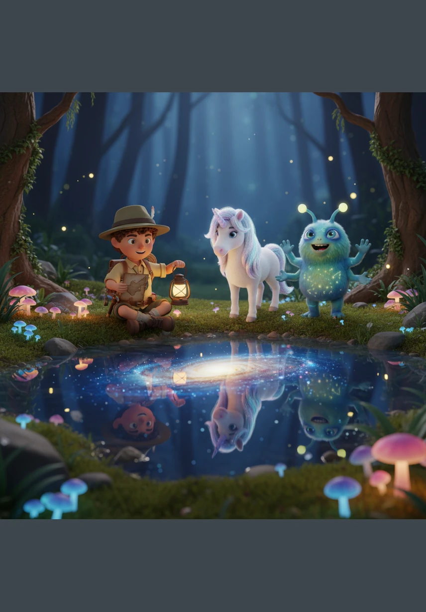 At the center of the forest lies a shimmering pond that mirrors the entire galaxy, where a wise unicorn explains that the stars are losing their light. Sam is entrusted with a celestial map and a mission to find the three lost essences of the universe: Kindness, Courage, and Laughter.