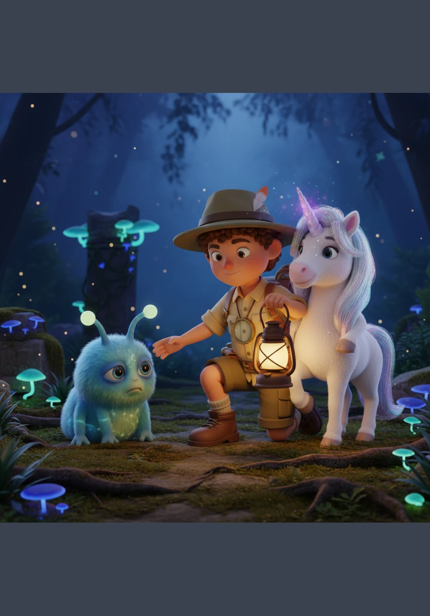 Deep within a thicket of silver leaves, Sam discovers a small unicorn tangled in magical vines and works patiently to set the creature free. For this selfless act, the first star—the Star of Kindness—descends from the canopy and rests warmly in Sam’s palm.