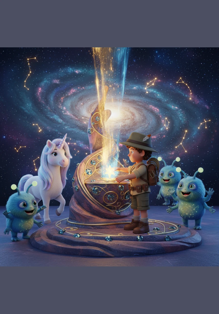 With all three stars gathered, Sam reaches the Great Celestial Altar at the heart of the galaxy, where the constellations have grown dim. One by one, Sam places the essences into the altar, feeling a surge of magical energy as the stars begin to pulse with renewed life.