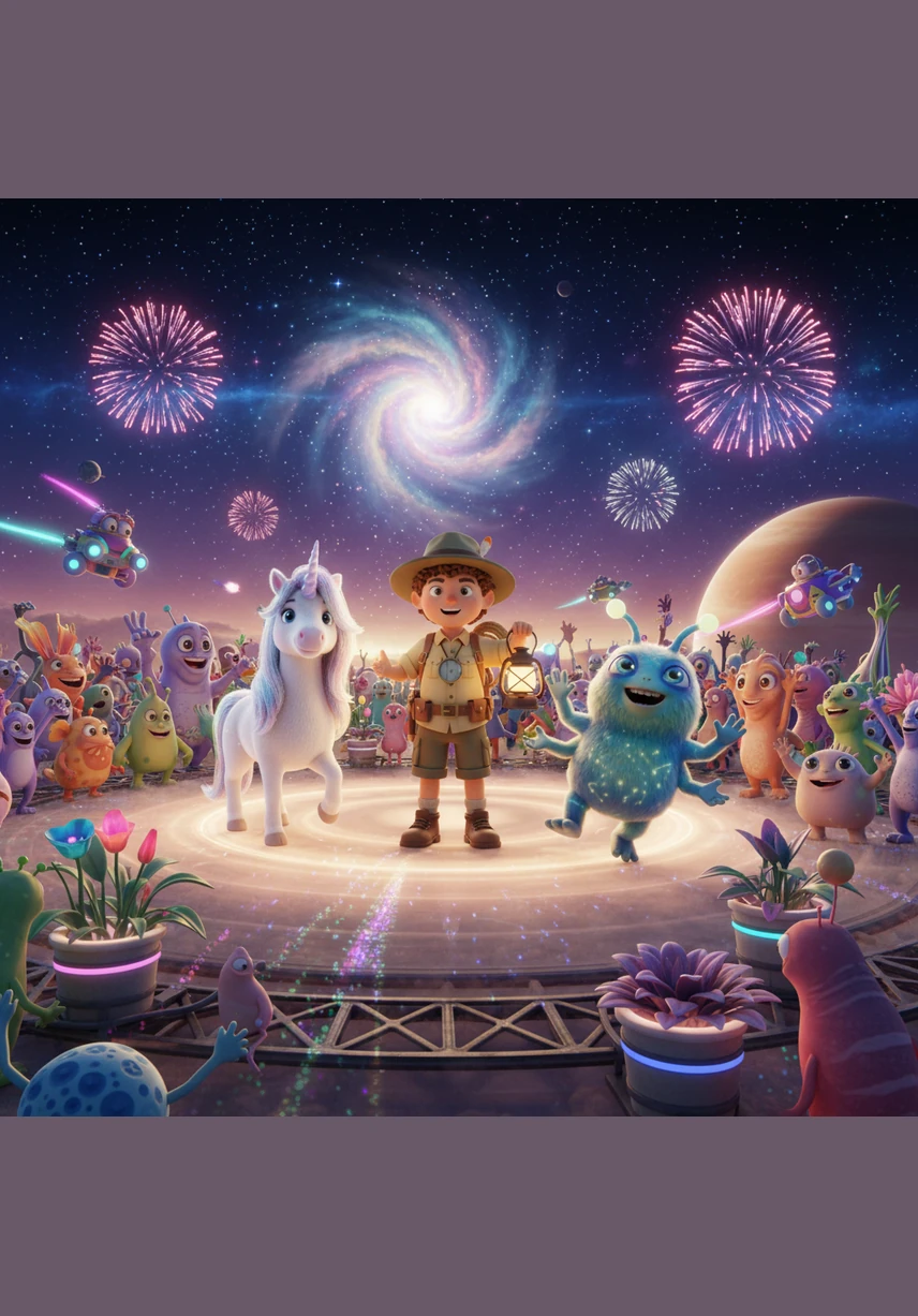 The unicorns and alien friends gather for a grand celebration among the rings of a distant planet, dancing on clouds of stardust to honor Sam’s bravery. Sam realizes that the true magic wasn't just in the stars, but in the friends made and the lessons learned along the way.