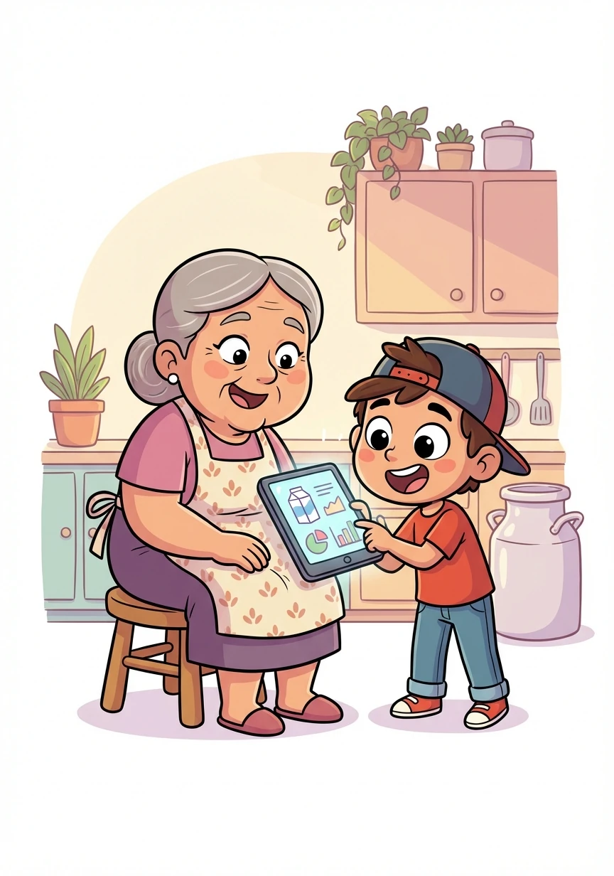 Doña Elena conoce a su nieto, Miguel, un joven muy hábil con la tecnología. Miguel le propone crear una app para ayudarla con la gestión de la leche.