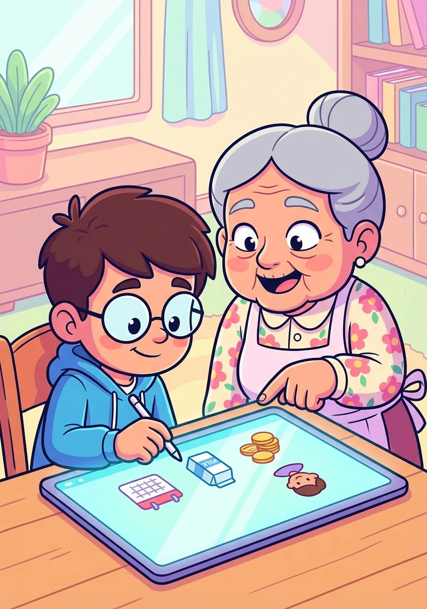 Miguel y Doña Elena se sientan juntos a diseñar la app. Doña Elena explica los datos que necesita registrar: fecha, cantidad de leche, precio por litro, coste total y nombre del vendedor.