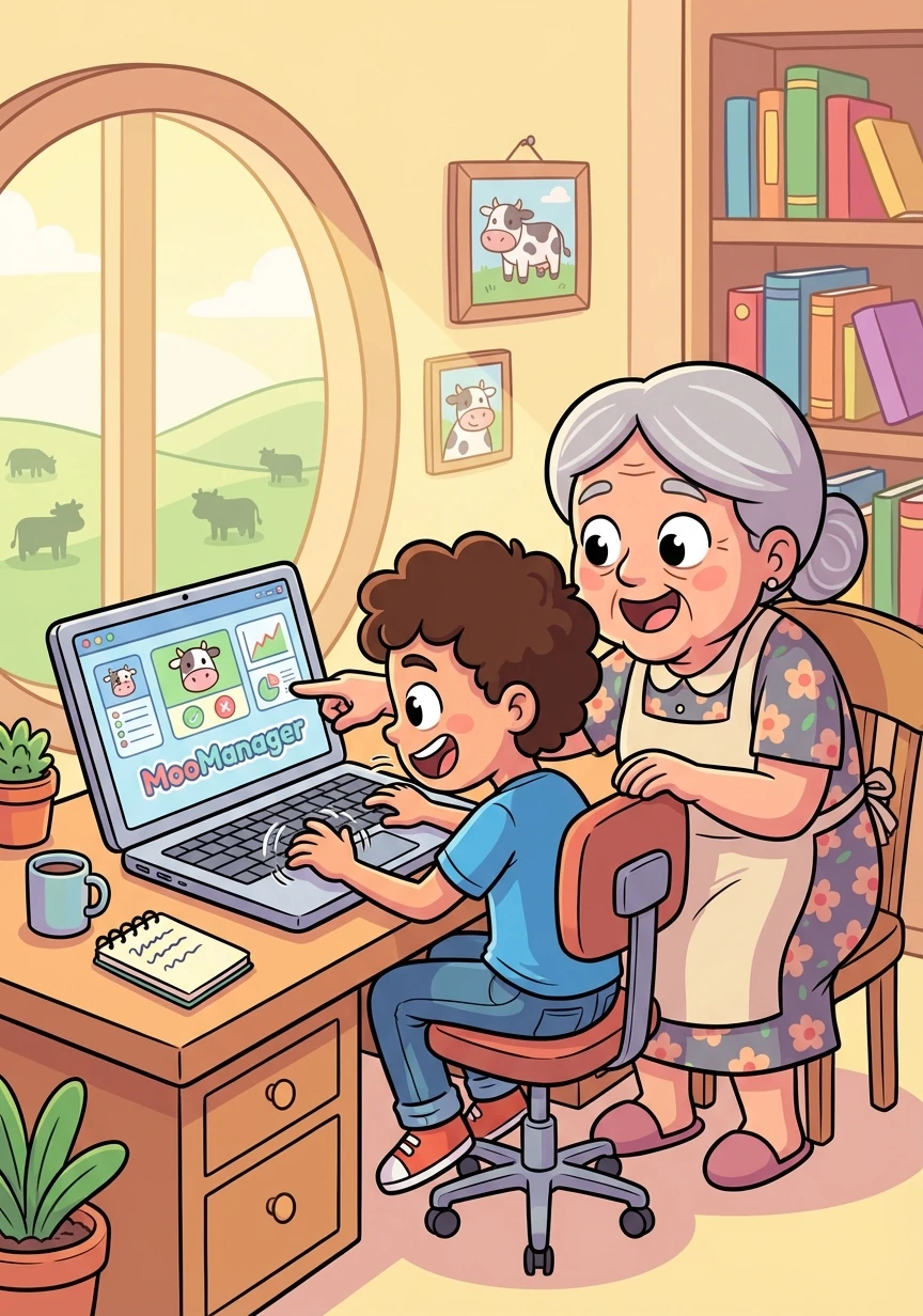 Miguel trabaja duro en su computadora, creando la app MooManager. Doña Elena observa con curiosidad, aprendiendo sobre las maravillas de la tecnología.