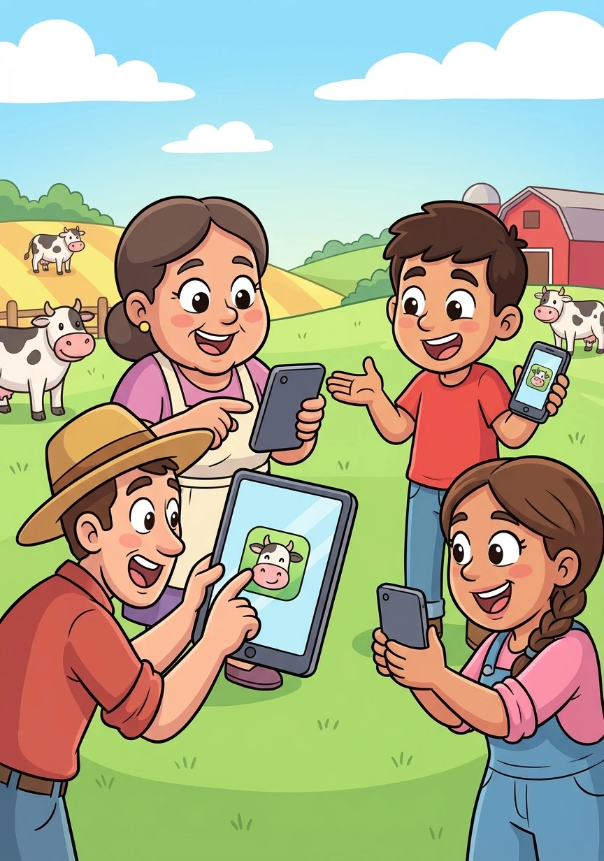 Otros granjeros del pueblo se interesan por MooManager. Doña Elena y Miguel deciden compartir la app con ellos.