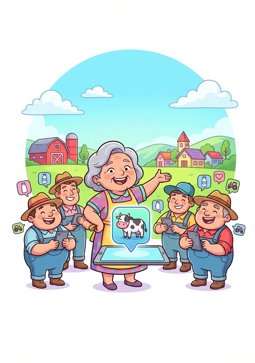 MooManager se convierte en la app favorita de los granjeros del pueblo, haciendo la vida de todos más fácil y organizada. Doña Elena sonríe, orgullosa de su vaca digital.