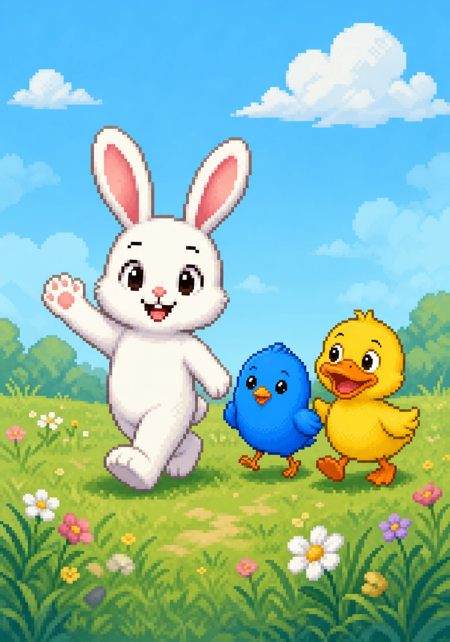 [Happy music] Rabbit waves his hand. Hello friend! Today we find a flower! Come!